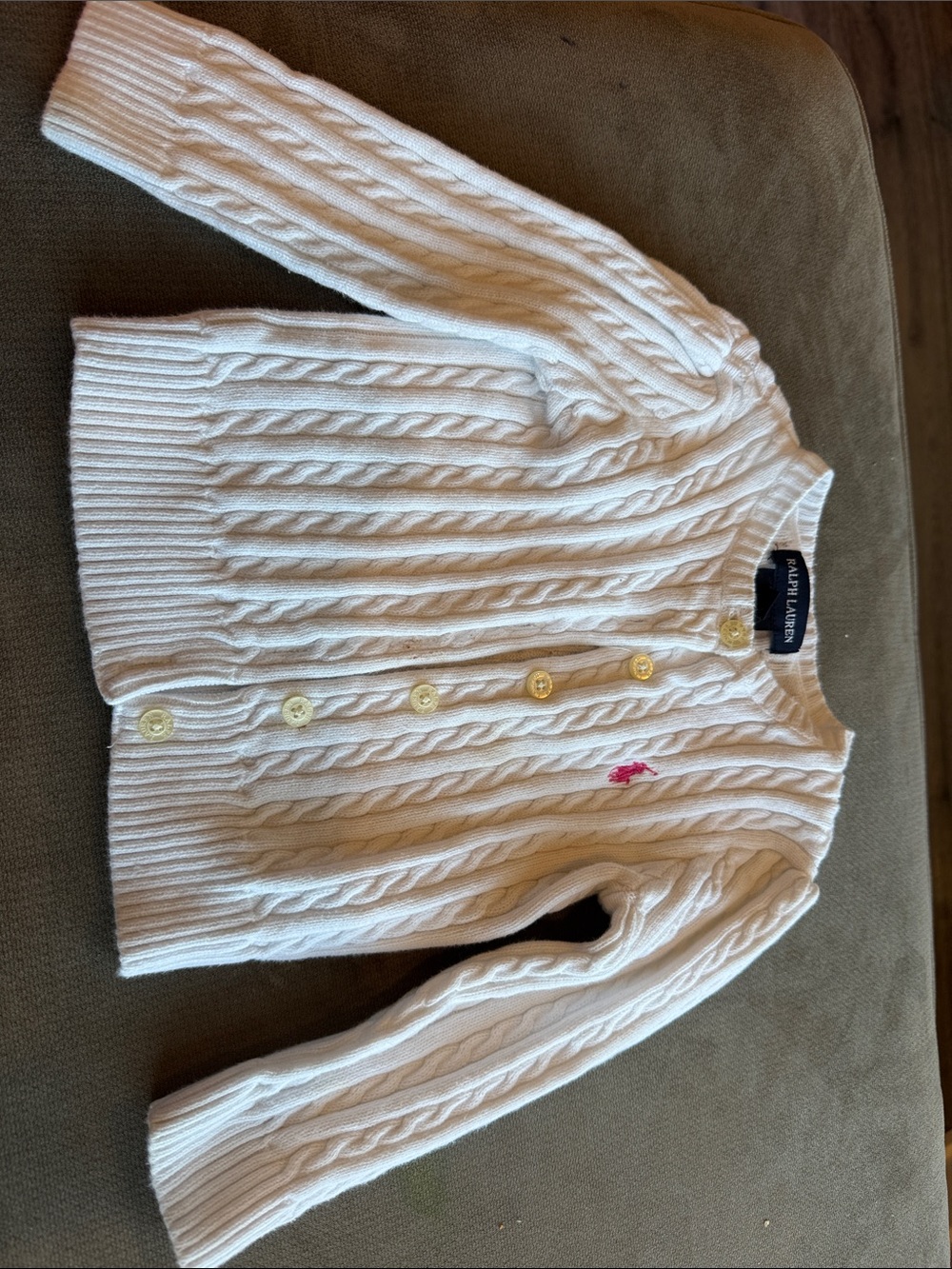 Ralph Lauren White Cable-Knit Button-Front Sweater with Pink Polo Logo